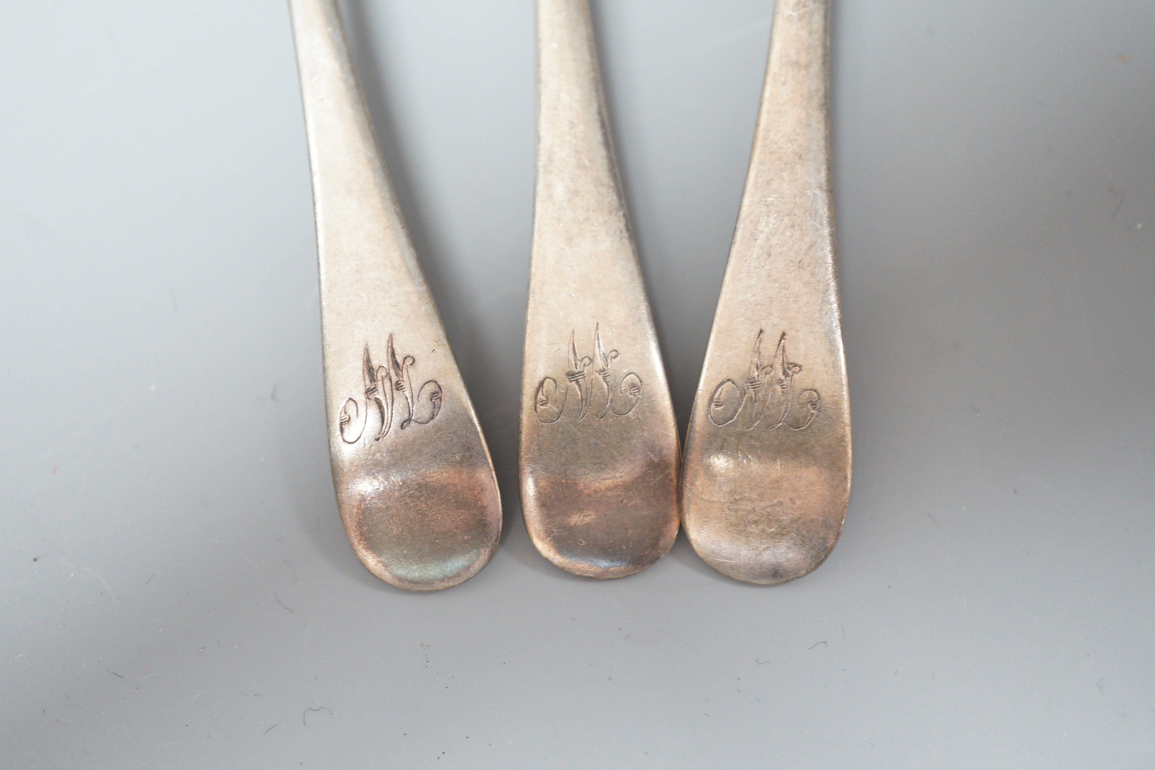 A cased set of six silver 1930's silver Old English pattern teaspoons, Mappin & Webb, Sheffield, 1936 and three other silver teaspoons.